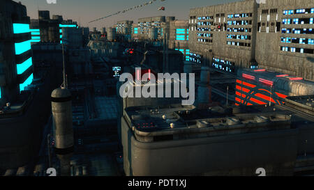 3D rendering. Ciudad futurista y naves espaciales