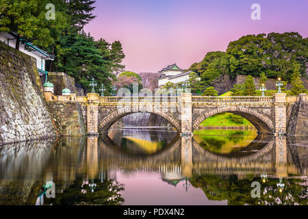Tokio, Japón en el foso del Palacio Imperial y el puente al amanecer. Foto de stock