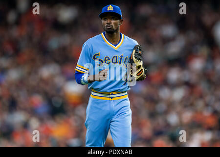 August 12, 2018: Seattle Mariners third base coach Scott Brosius (28)  observes game action during the Major League Baseball game between the  Seattle Mariners and the Houston Astros at Minute Maid Park