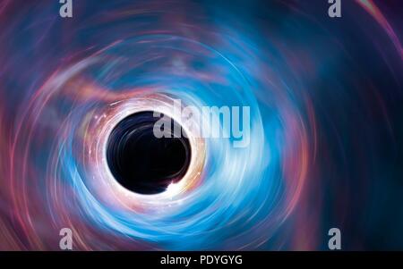 Un agujero negro es un objeto tan compacto -- generalmente una estrella colapsada -- que nada puede escapar de su atracción gravitacional. Ni siquiera la luz. En esta imagen, podemos ver un agujero negro, pero sólo porque está rodeada por un disco de material sobrecalentado, un disco de acreción. Foto de stock