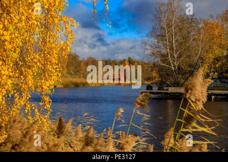 Colorido paisaje rural de Suecia en otoño, con una tradicional granero rojo y amarillo brillante árboles reflejando en un lago azul justo en las afueras de Estocolmo sobre Foto de stock