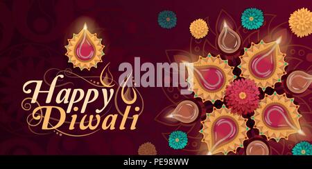 Diwali feliz celebración tradicional con lámparas diyas y flores. Ilustración del Vector