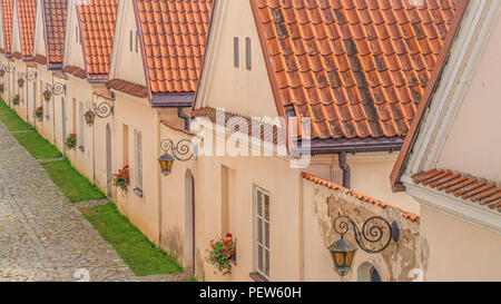 Hilera de casas de campo, con un tejado de tejas y flores en las ventanas Foto de stock