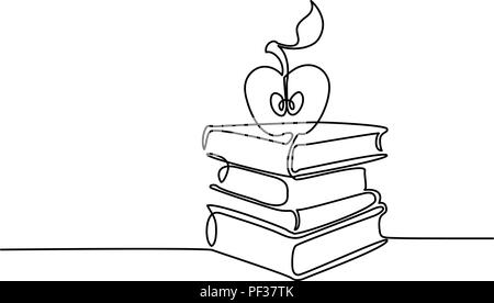 Dibujo de línea continua. Pila de libros con Apple. Ilustración vectorial