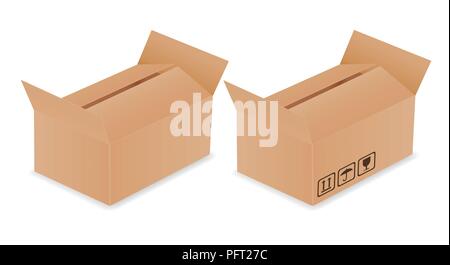 Conjunto de dos vectores ilustración realista de cartón caja de envío con abrir la tapa y símbolos de transporte - aislado en blanco, con espacio para backgroung tex Ilustración del Vector