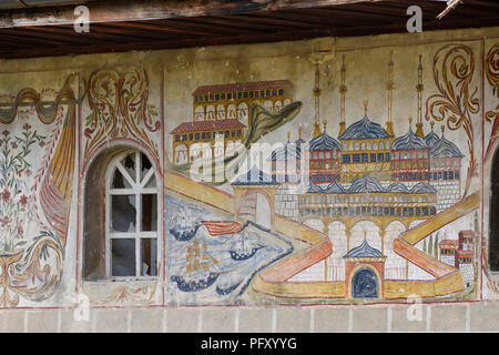 Pinturas en la fachada exterior de la mezquita de licenciatura, Xhamia e Qark Beqarve, Berat, Berat, Albania Foto de stock