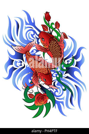 Ilustración de dos peces koi en onda tatuaje sobre fondo blanco.