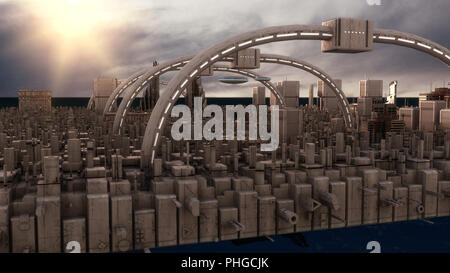 3D rendering. Ciudad futurista y naves espaciales