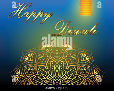 Feliz Diwali fondo azul, el festival hindú de las luces, en el mandala de oro y linterna de papel. Eps Vector 10. Ilustración del Vector
