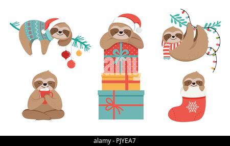 Cute perezosos, divertidas ilustraciones de Navidad con Santa Claus trajes, sombreros y bufandas, tarjetas de felicitación, banner Ilustración del Vector