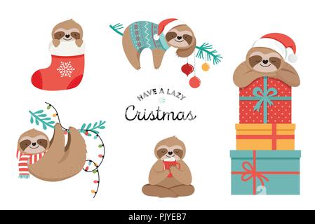 Cute perezosos, divertidas ilustraciones de Navidad con Santa Claus trajes, sombreros y bufandas, tarjetas de felicitación, banner Ilustración del Vector