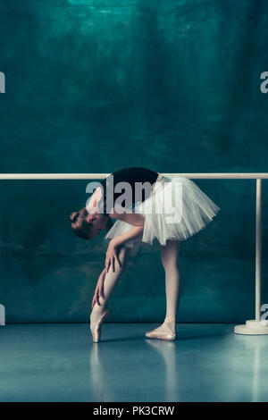 Clásica Bailarina Ballet Posando Barra Ballet Sobre Fondo Estudio