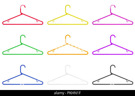 Perchas de ropa de color aislado sobre un fondo blanco.
