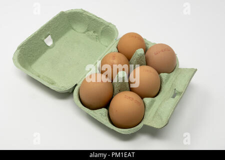 Un cartón verde con media docena de huevos contra un fondo blanco. Foto de stock