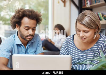 Dos jóvenes diseñadores autónomos sentado en co-espacio de trabajo, mirando en el monitor de una laptop, buscando nuevas ideas para los diseñadores de muebles. Par de jóvenes alegres personas sonriendo, gasto por la mañana en la biblioteca. Foto de stock