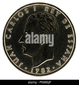 Antigua moneda española de 100 pesetas, Juan Carlos I, en el año 1982. Anverso. Foto de stock