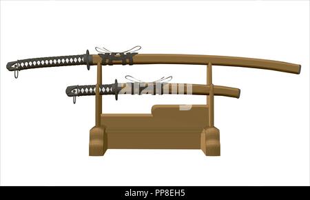 Katana en un soporte de madera, el icono de estilo de dibujos animados  Imagen Vector de stock - Alamy