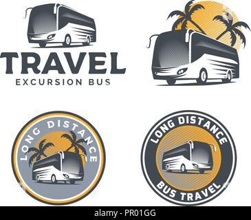 Conjunto de autobús turístico logotipo, Emblemas y monogramas aislado sobre fondo blanco. Ilustración del Vector