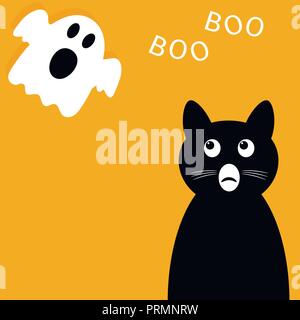 Feliz Halloween fondo. Gato negro mirando al fantasma. Personaje de dibujos animados.