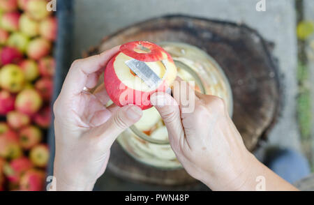 Decisiones de vinagre de manzana - escena desde arriba - mano pelar manzanas Foto de stock
