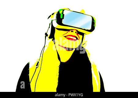 Blanco amarillo ilustración de risa chica con casco de realidad virtual. Foto de stock