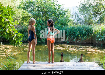 Dos niñas de pie en el embarcadero en un estanque hablando