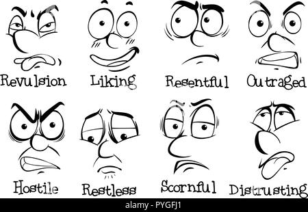 Ocho diferentes expresiones en rostros humanos ilustración