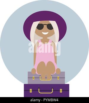 Linda chica rubia curtido viajero sentado en el equipaje Ilustración del Vector