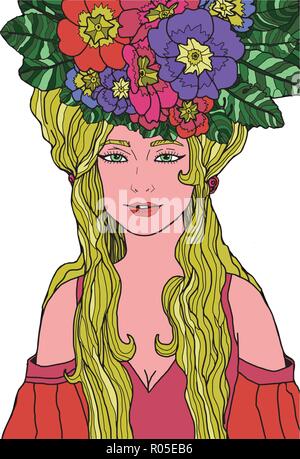 Brillantes y coloridas ilustraciones aisladas de la mujer con el pelo largo en elegante vestido primula rodeado de flores y hojas. Ilustración colorida con bl