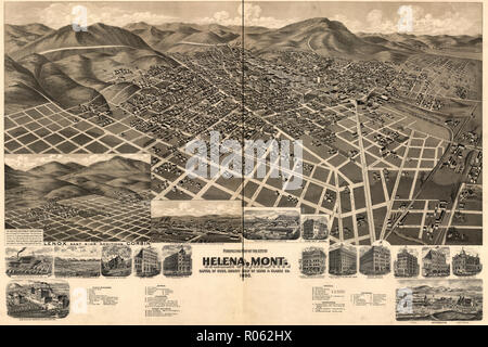 Perspectiva del mapa de la ciudad de Helena, Montana, Capital del Estado, sede del condado de Lewis & Clarke County, circa 1890 Foto de stock