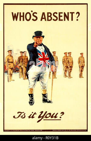 Vintage WW1 cartel propagandístico de contratación "quién está ausente - es usted?' - afiche de reclutamiento británico John Bull utilizando el carácter 1914 Foto de stock