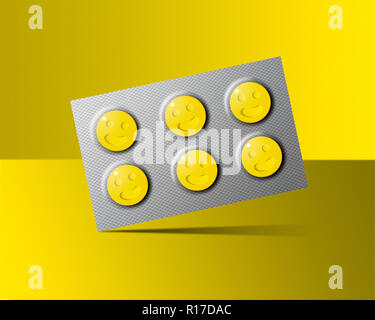 Tablet blister con cara sonriente amarilla Happy Pills, bodegón Foto de stock