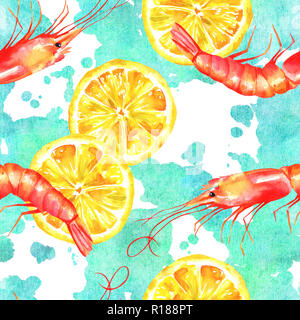 Una perfecta acuarela patrón con los camarones y los limones en un patrón verde azulado, un marisco fresco Repetir impresión Foto de stock