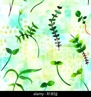 Un patrón sin fisuras teal verde con acuarela plantas, ramas y hojas, un muelle Repetir impresión sobre una colcha de fondo Foto de stock