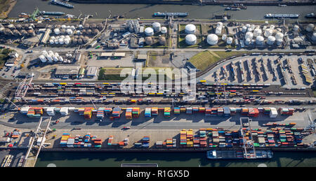 Vista aérea, Duisport, puerto de Duisburg, logística, transporte de mercancías, contenedor o contenedor de carga, punto de transferencia de mercancías, navegación fluvial, Kasslerfeld,