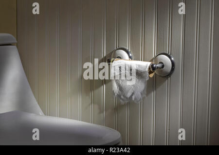 Última hoja de papel higiénico en el portarrollos de pared de madera de  letrina Fotografía de stock - Alamy