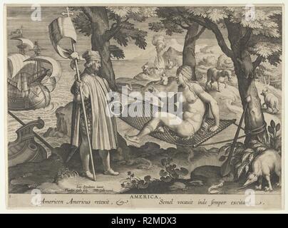 Nuevas invenciones de los tiempos modernos [Nova Reperta], el descubrimiento de América, la placa 1. Artista: Después de Jan van der Straet, llamado Netherlandish Stradanus (Brujas, Florencia, 1523-1605); Theodoor Galle (1571-1633 Netherlandish, Amberes Amberes). Dimensiones: hoja: 10 5/8" x 7 7/8". (27 x 20 cm). Publisher: Philips Galle (1537-1612 Netherlandish, Haarlem Amberes). Fecha: ca. 1600. El primer plato de una serie titulada Nova Reperta impresión (nuevos inventos de los tiempos modernos) que consta de una página de título y 19 placas, grabado por Jan Collaert I, después de Jan van der Straet, llamado Stradanus y publicado por Philips Foto de stock