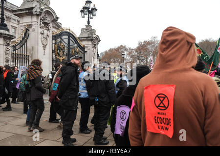 Londres, Reino Unido. El 24 de noviembre de 2018: Cientos de activistas contra el cambio climático de la extinción la rebelión se reúnen frente al Palacio de Buckingham parte de una continua campaña de desobediencia civil para resaltar la urgencia de la acción sobre el cambio climático. Crédito: Claire Doherty/Alamy Live News