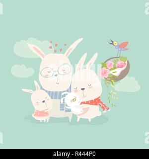 Ilustración de conejito de Pascua familia con mamá, papá y la hija y el  hijo, el vector de la familia conejo con huevos de Pascua como  órganos/grupo de conejito Imagen Vector de
