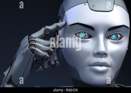 El robot tiene un dedo cerca de la cabeza. Ilustración 3D