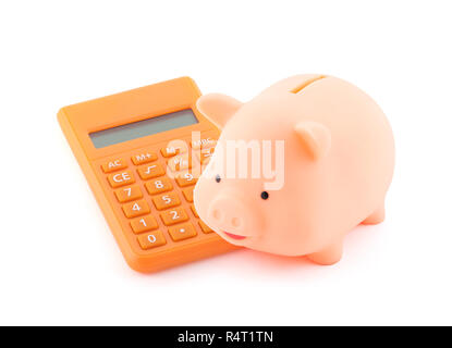 Hucha con calculadora naranja Foto de stock