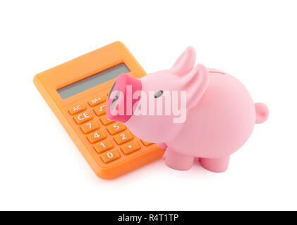 Hucha con calculadora naranja Foto de stock