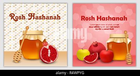 Rosh Hashanah fiesta judía apple concepto banner de miel. Ilustración realista de la fiesta judía de Rosh Hashanah 2 Apple miel banner vectorial conceptos para web Ilustración del Vector