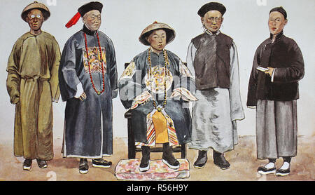 Ropa moda en China, alrededor del siglo xix, desde la izquierda, un juez en simple undergarment con sombrero de paja, un chino Foto de stock