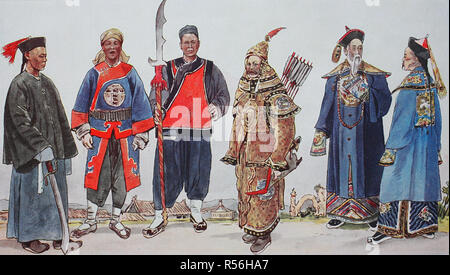 Ropa moda en China, alrededor del siglo XIX, sus trajes nacionales, desde la izquierda, un oficial, un soldado, un Foto de stock