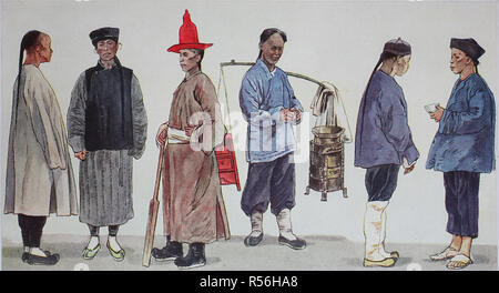 Ropa moda en China, alrededor del siglo xix, trajes típicos, desde la izquierda, un siervo, un hombre sencillo desde el norte de China Foto de stock