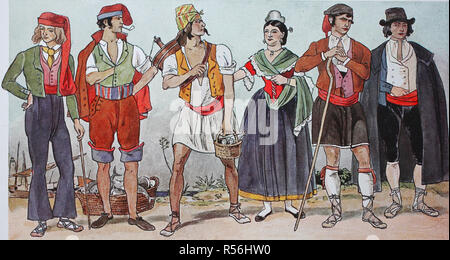 Las personas en trajes tradicionales, la moda, la ropa en España desde 1810-1830, ilustración, España Foto de stock