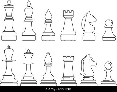 Conjunto de iconos de la pieza de ajedrez. Esquema establecido de pieza de ajedrez vector iconos para diseño web aislado sobre fondo blanco. Ilustración del Vector