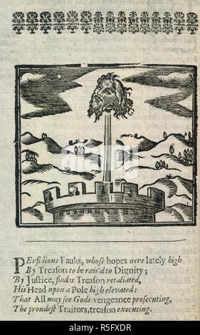 Jefe de Guy Fawkes. [Mischeefes mysterie ... Londres 1617.]. Para R. G. M. Hartford: Londres, 1641. La cabeza cortada de Guy Fawkes, el conspirador Parcela de pólvora, encima de una torre. Imagen tomada desde Londres mysterie Mischeefes [1617]. Originalmente publicado/producida en G. M. de R. Hartford: Londres, 1641. . Fuente: G.11429, 76. Idioma: Inglés. Foto de stock