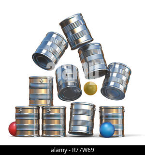 Caída de latas y tres bolas 3D Foto de stock